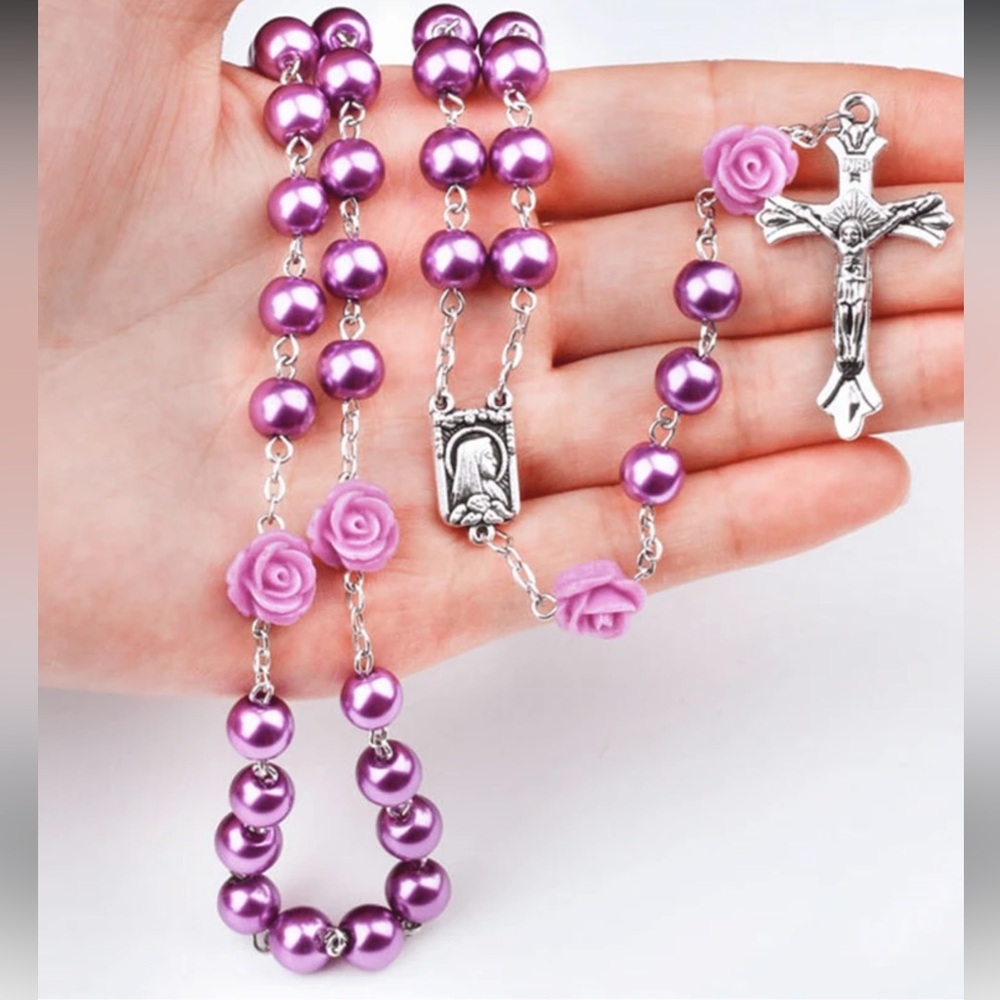Purple Rosary, Purple Faux Pearl and Rose Rosary Necklace, Cross Necklace